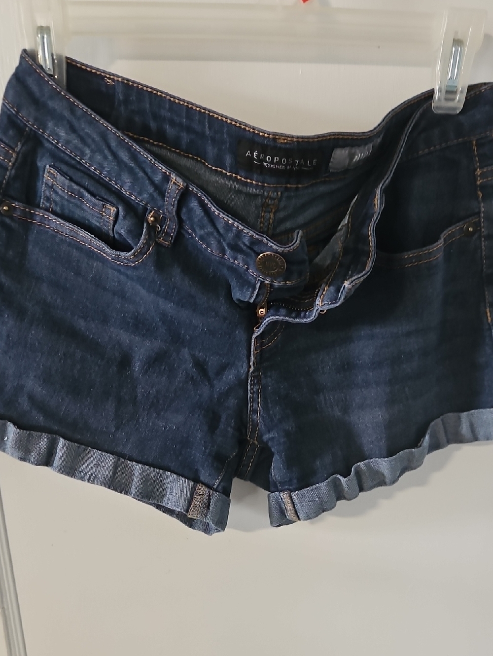 Aeropostale Juniors Midi Dark Blue Rolled-Hem Denim Shorts